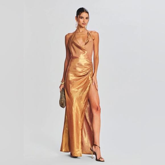 RETROFETE Cleo Silk Chiffon Maxi Dress Nude Glitter Adjustable Halter Side Slit - Picture 2 of 10